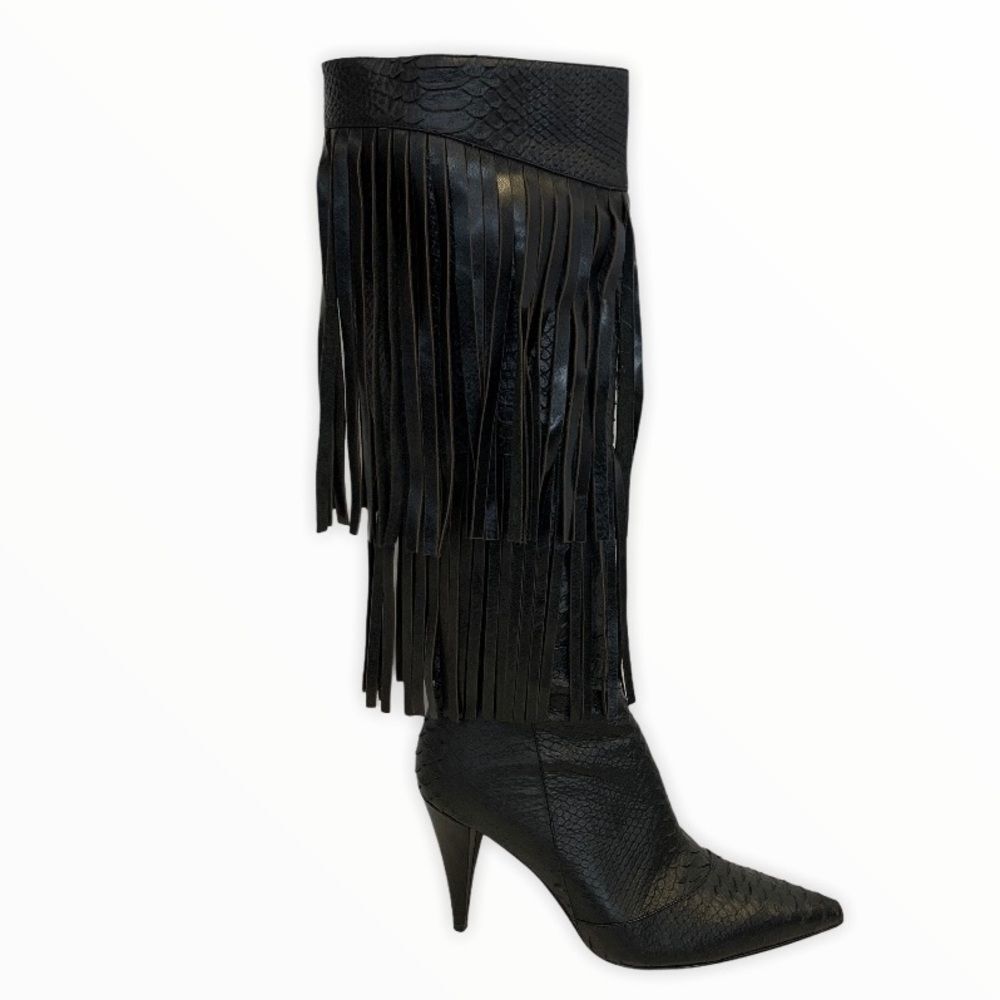 Fantasy collection black high heel fringe boots - Picture 3 of 12